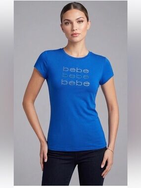 New BEBE blue T shirt Top Crystal Logo Crew Neck size L